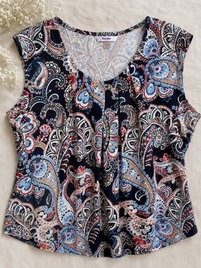 TanJay Paisley Print Sleeveless Pleated Blouse Large